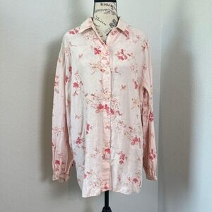 Liz Claiborne Floral Linen Button Down‎ Shirt Lightweight Pink Size M